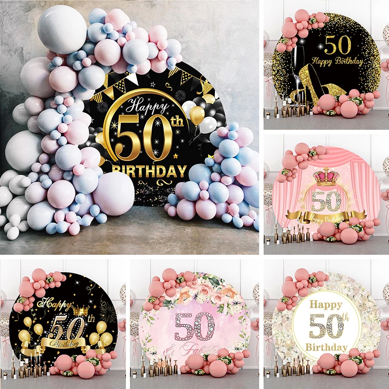 50 Narodeninová oslava dekorácie Round Cover Cover Men Ženy Dospelí 50. výročie ružové kvety kruh kruh elastického fotografie pozadia