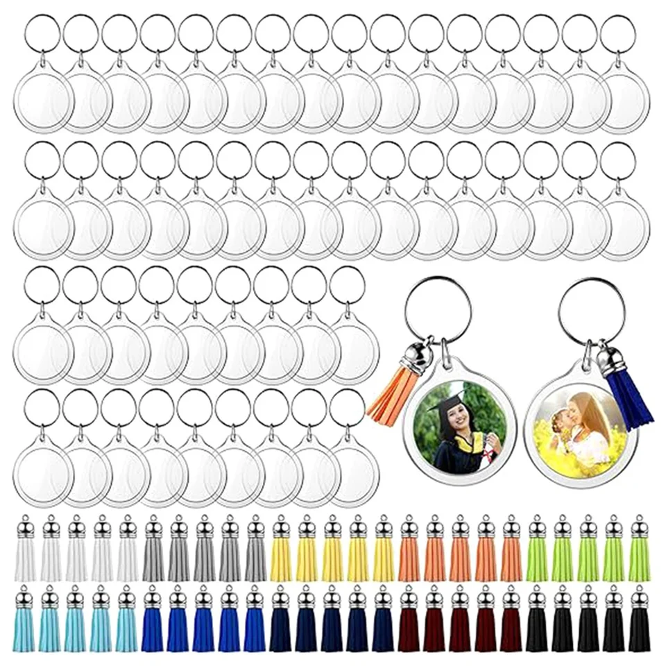 50 sady akrylových fotografií Keychain so strapcami, DIY Vlastné vkladanie fotografií Klávesové kľúče Vymažte prázdne kľúče obrázka