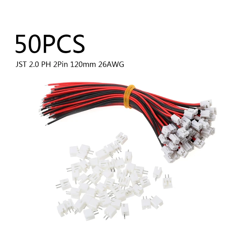 50 sady Mini Micro JST 2,0 pH 2-kolíkový konektor konektor s káblami káblov 120 mm 26awg