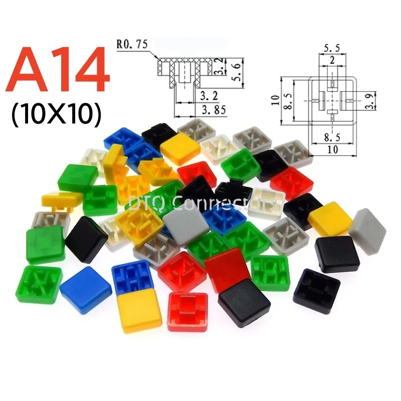 50 súprav A14 10x10x5.6 mm dlhé čiapky Kľúčové čiapky + priehľadný krycí klobúk klobúk prispôsobiteľný pre 12*12*7,3 mm štvorcový dotykový spínač hlavy