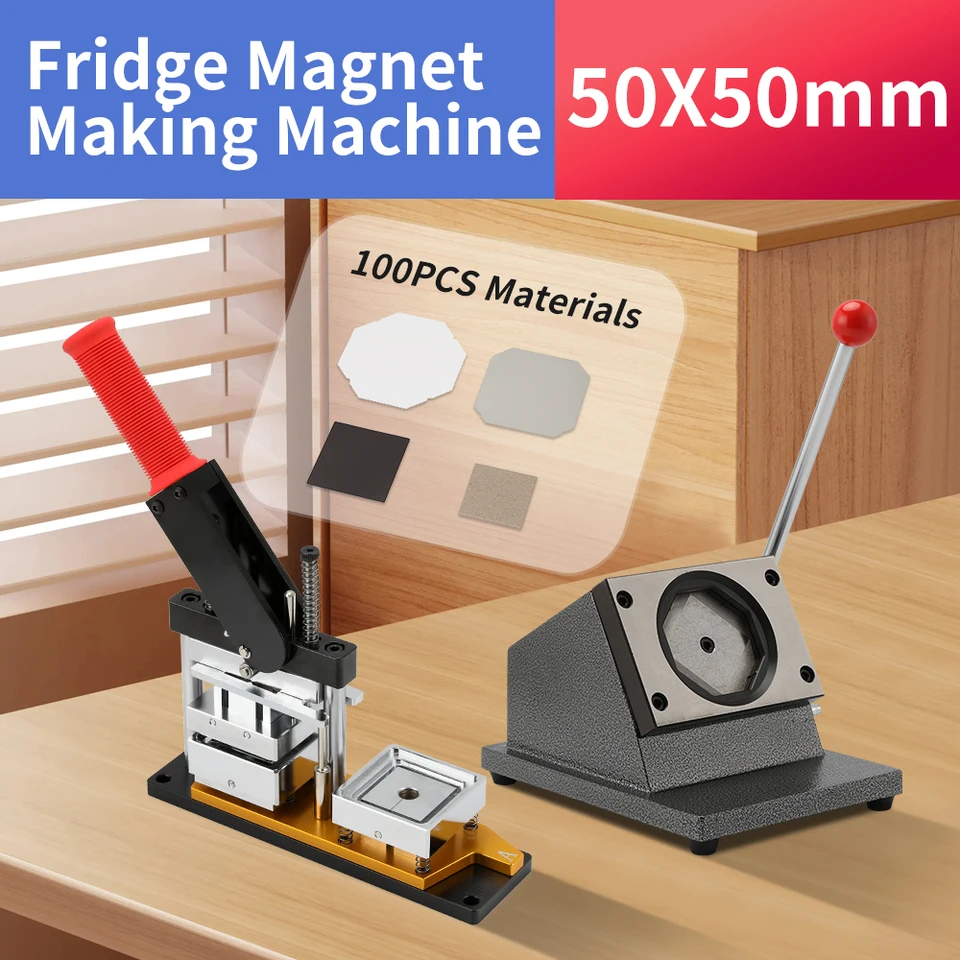 50 × 50 mm štvorcová chladnička Magnety odznak Sada DIY STACKER STACKER STROJ so 100ks papierovými odznakmi odznakov