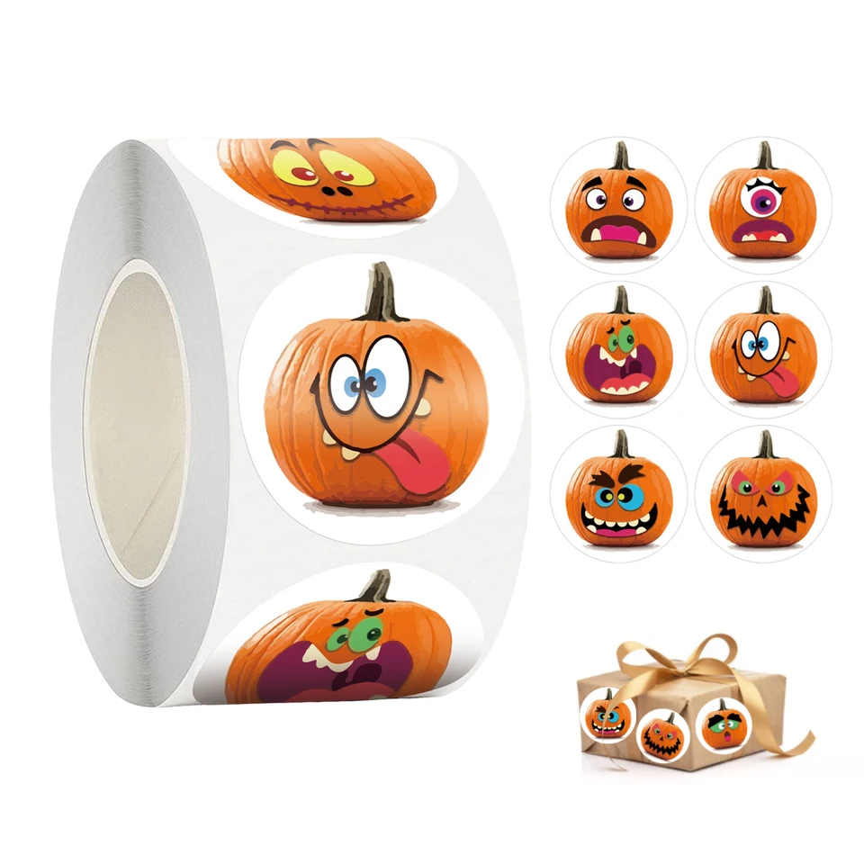 500 kusov Halloween tekvicové nálepky Halloween Pumpkin Roll Stickers