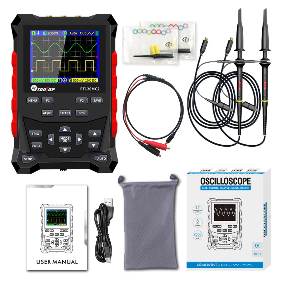 500 msa/s 120 MHz Dual-Channel Osciloscope Support Sinewave Triangle-Wave Signál Výstupná časová základňa a nastaviteľná amplitúda nastaviteľná