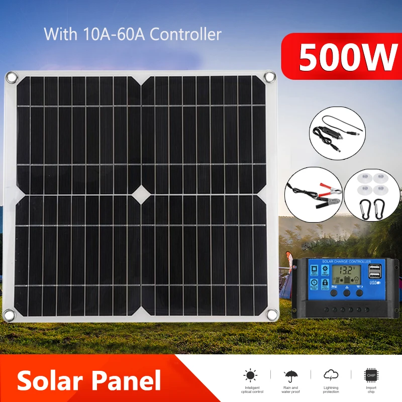 500 W súprava solárneho panela 12V nabíjačka batérií duálne USB s ovládačom 10A-60A 18V Solar Cells Power Bank pre telefón MP3 kemping