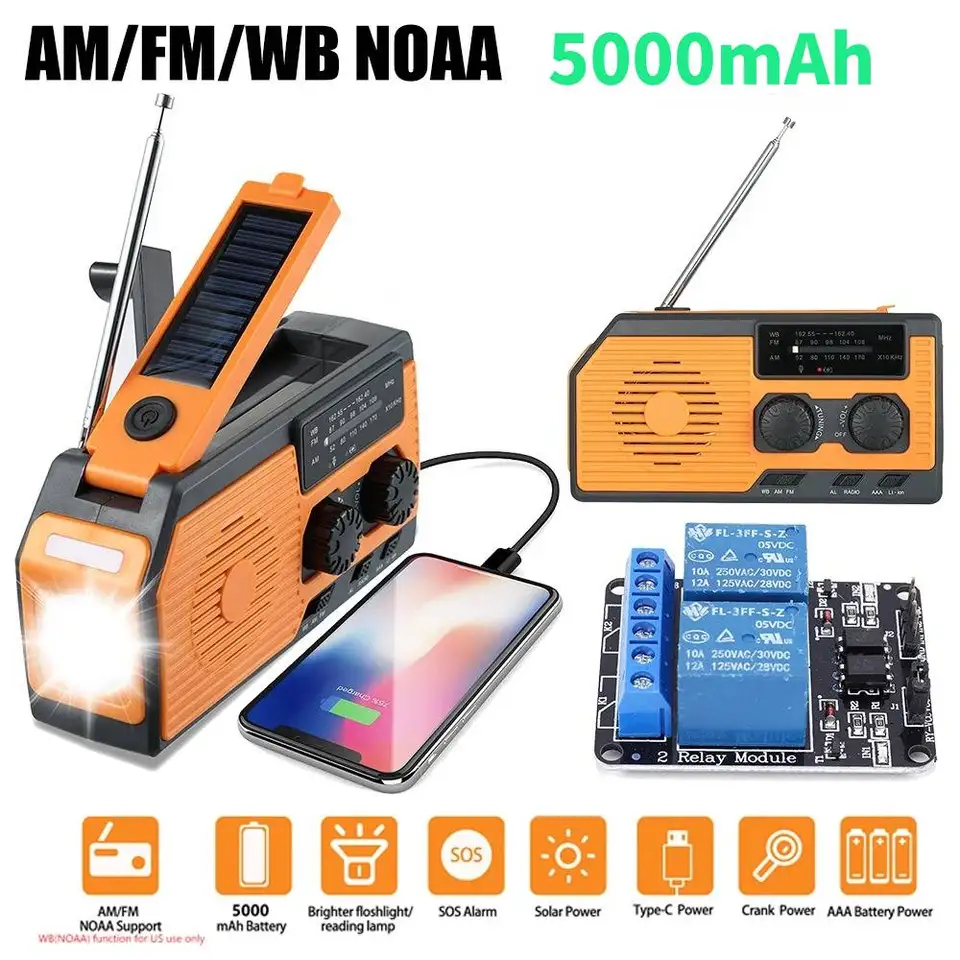 5000 mah núdzová solárna energia Bank Radio Radio nabíjanie ručného rádiu Rádio FM AM WB NOAA Weather Radio s LED baterkou vonku