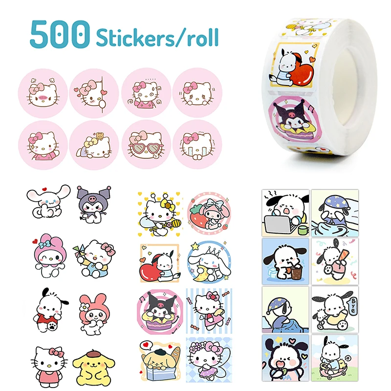 500ks/roll sanrio nálepky Kawaii Hello Kitty Melody Kuromi Cinnamoroll graffiti obtisky