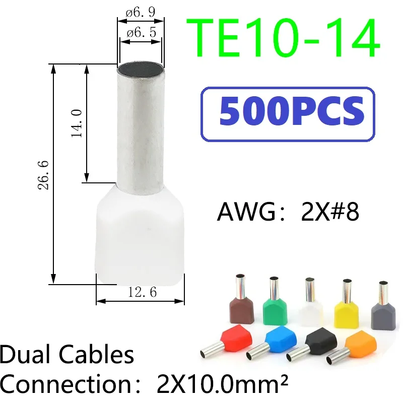 (500ks) TE10-14 Dobrý kriminačný terminál Copper Crimping Awg 2x#8 Izolovaný káblový lak Ferrules