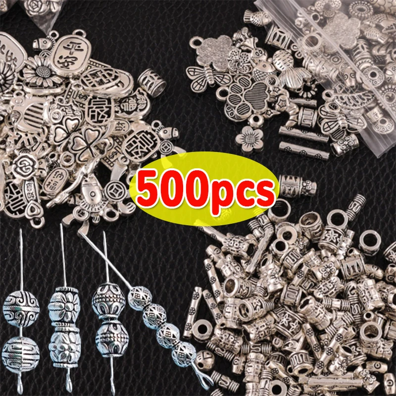 500ks zmiešaný tibetský starožitný strieborný farebný dutina lopta uvoľnená trubica kovová guľôčka guľôčkovej guľôčky pre šperky výroba DIY náramok NEKCLACE