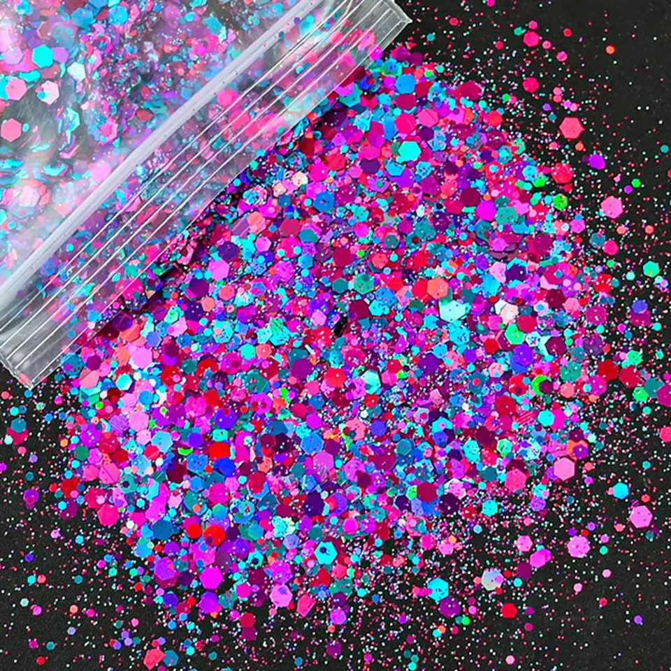 50G Holografický zmiešaný šesťuholník Chunky trblietavý laser iskrivý dúhový dúhový necht Art Glitter živice plátky plátok vločky Flake Fliter Decorácie nechty