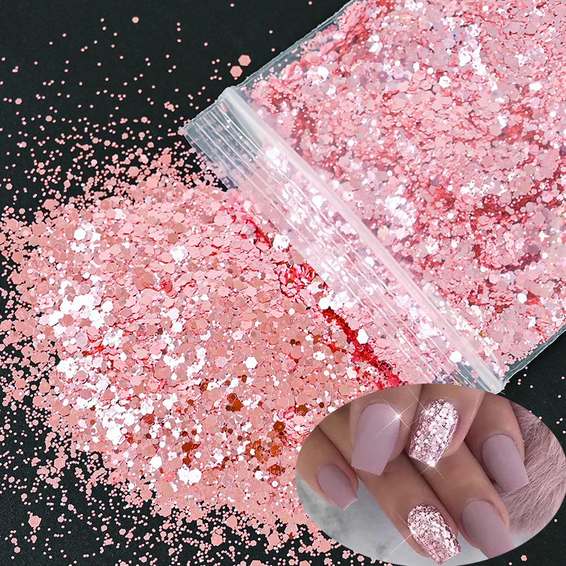 50G Holographic Chunky Mix na nechty Art Glitter Flash Rose Gold Hexagon Prášok pre gélové poľské manikúrové dekorácie Flitrové príslušenstvo