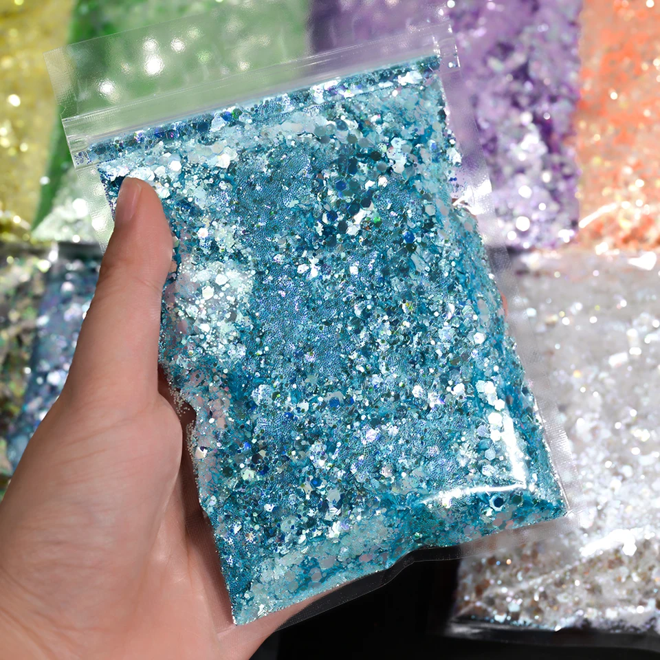 50G Modrá holografické zmiešané vločky na nechty Prášok biele ružové dúhové dúhové nechty diamant hexagon hexagon robustné fliky epoxy dekorácie nechtov