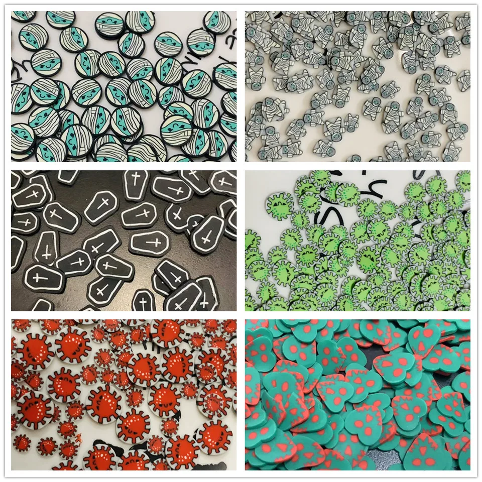 50G zmiešané Halloween Tombstone Mummy Slices Polymer Clay Sprinkles for Crafs DIY nechty dekorácie plastové klei bahenné príslušenstvo