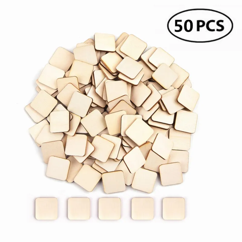 50ks 20 mm nedokončené drevené kúsky prázdne prírodné plátky drevené štvorec pre maľovanie remesiel pre domácich majstrov, scrabble dlaždice, dekorácia