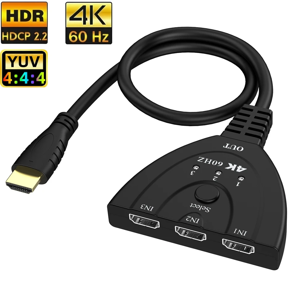 50ks 3 porty HDMI prepínač 3 v 1 out 4K 60Hz HDMI 2.0 SWITCHER 3X1 HDCP2.2 HDR Pigtail Converter Kábel pre PS4 PS5 Xbox Apple TV Apple TV