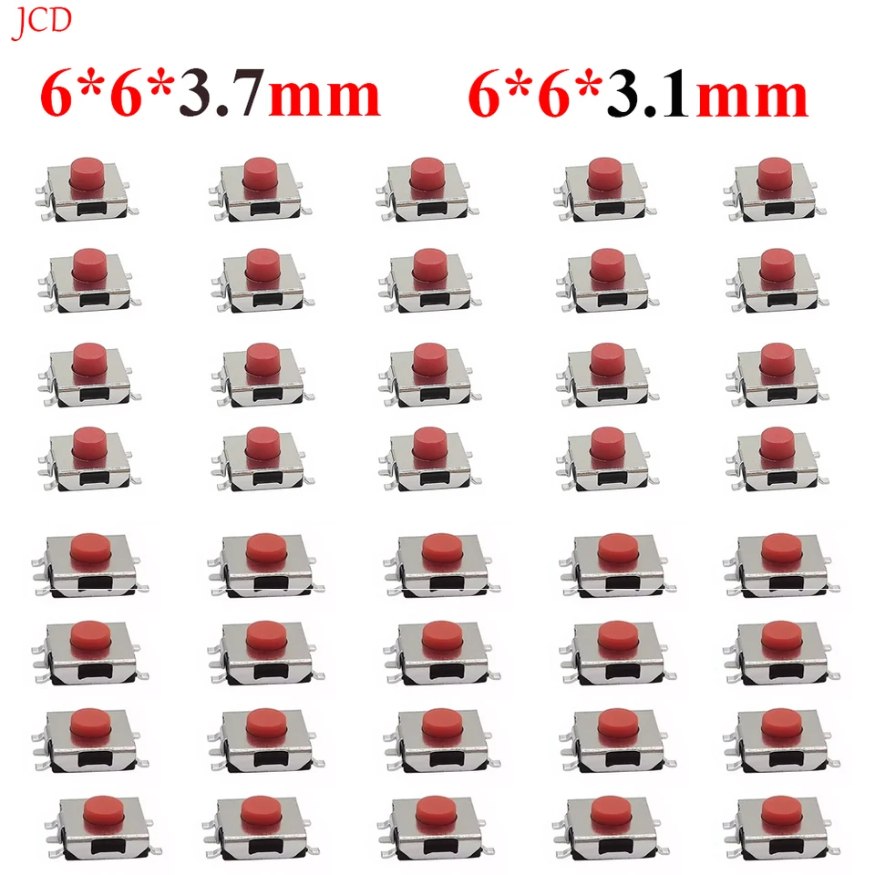 50ks 6x6x3.1/3,7 mm SMD prepínač 5pin dotyk Mikro prepínač tlačidla na tlačidlo Červený prepínač TACT SMD 6*6*3,1 mm/6*6*3,7 mm