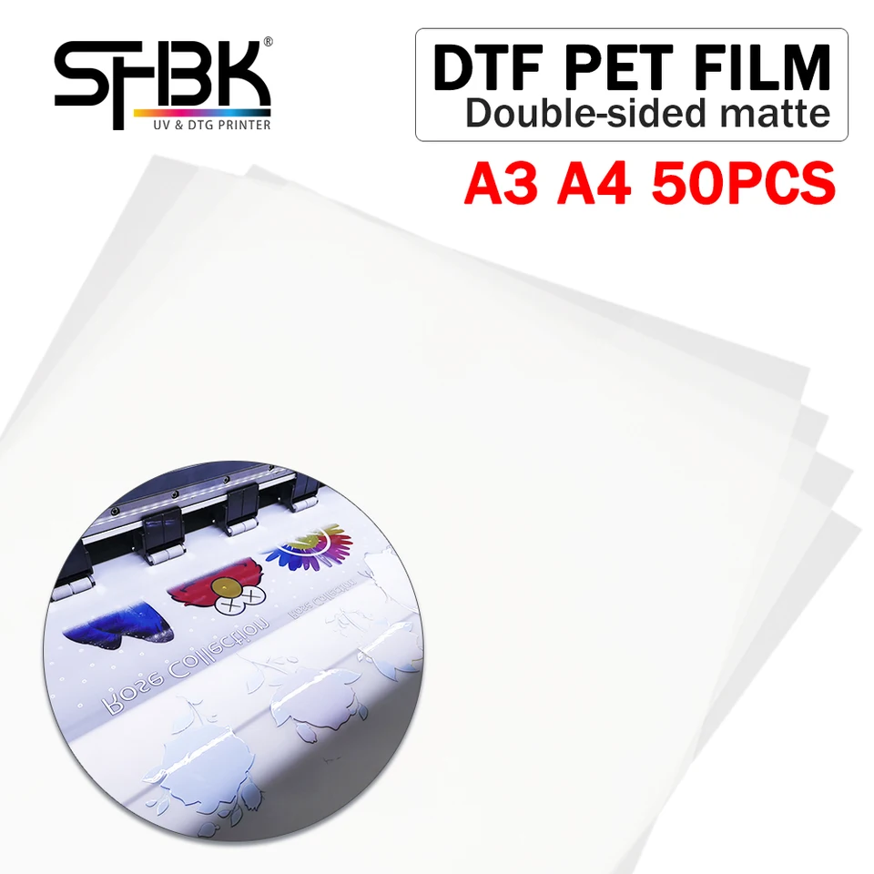 50ks A3 A3 Veľkosť DTF tlačiareň PET Film obojstranný matný prenos tepla L805 L1800 R1390 TRANSKÉ TIRNY BIELE Atramentový film Prášok