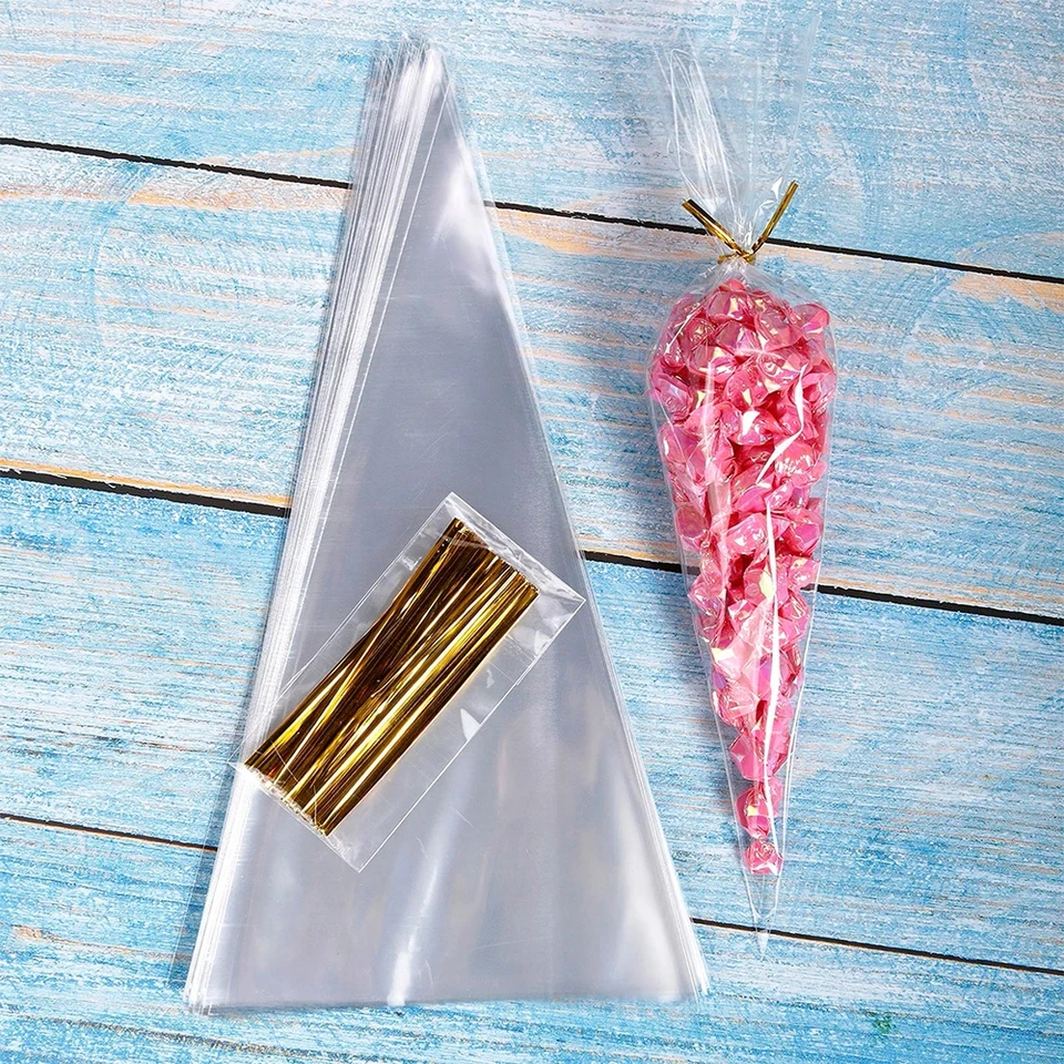 50ks cukrovinky Candy Celfane Popcorn Tašky kužeľový cookies skladovacie tašky so zlatými twist kravata