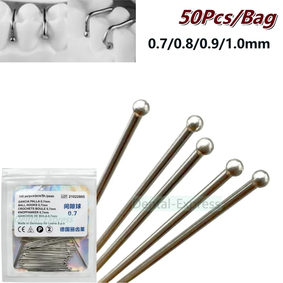 50ks Dental Ortho Interondental Ball Háčiky držiak šikmé sponky Sférické Nemecko Leone Spa 0,7/0,8/0,9/1,0 mm