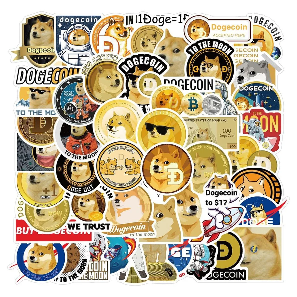 50ks dogecoin nálepky chladný priestor astronaut doge nálepka hračka pre DIY notebook Skateboard Guitar Guitar Helma Stationsery
