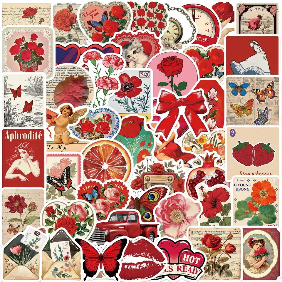 50ks estetické červené nálepky módy DIY kvetiny ružové nálepky scrapbooking telefón batožiny Skateboard vodotesné nálepky