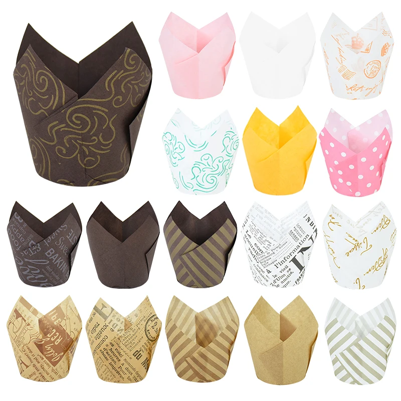 50ks noviny v štýle košíčkového vložky na pečenie na svadobnú narodeninovú oslavu Tulip Muffin Cupcake Paper Cup Oilproof Cake Wrapper