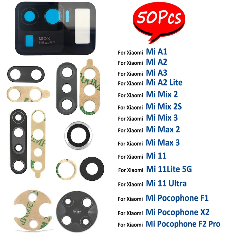 50ks, nová zadná sklenená šošovka zadnej kamery so nálepkou pre Xiaomi Mi A2 Lite 5G Ultra A3 Max Mix 2 3 2S A1 POCO F1 F2 PRO X2