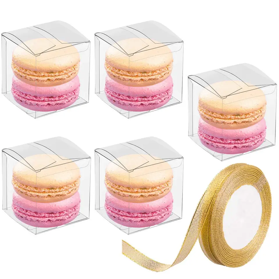50ks Priehľadné škatule na párty (s darčekovou stuhou), 2 × 2 × 2 palce, Macaron Cupcake Candy Mydlo Darček Jednotlivé obalové boxy