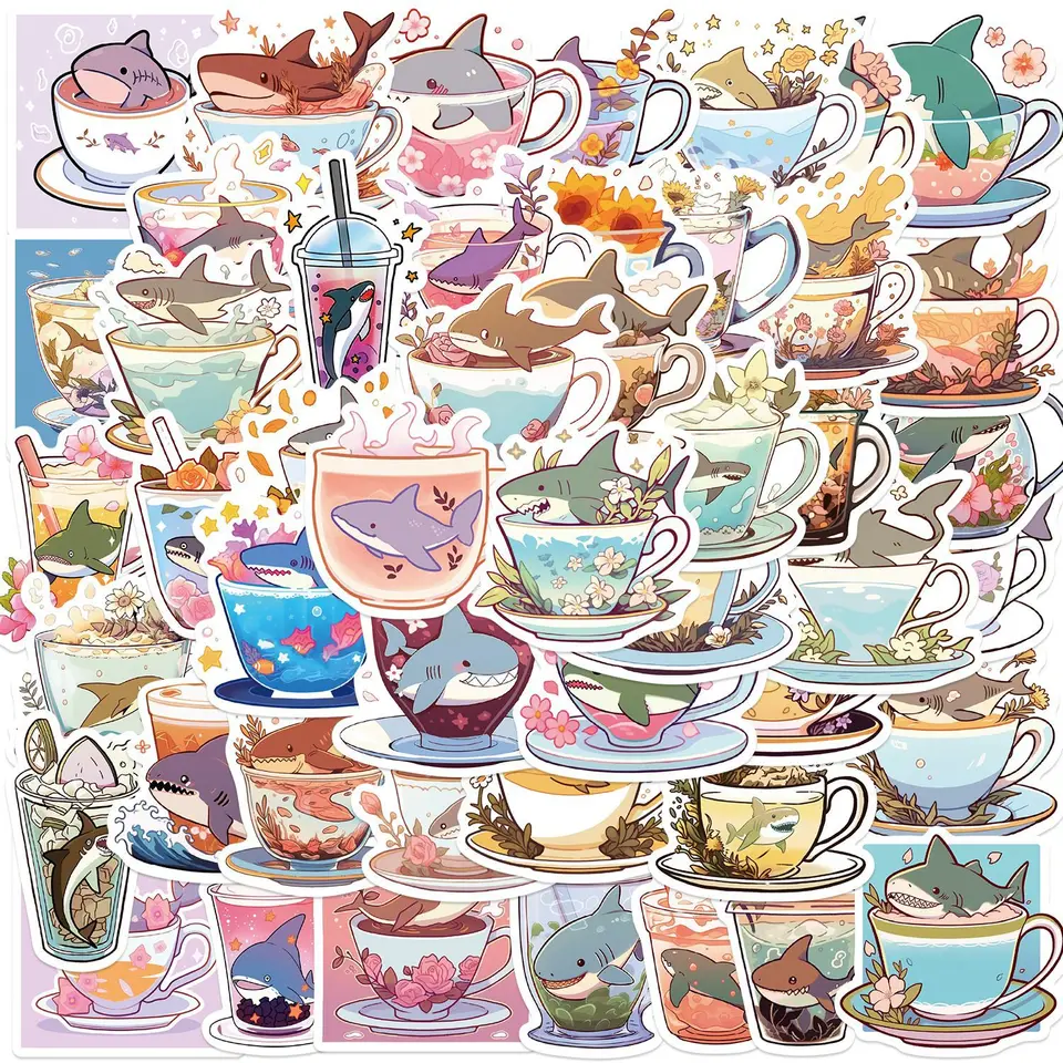 50ks slepky na žraloky balenie pre fľašu s vodou, Funny Shark Cup Sticker Kawaii Decals pre počítač Skateboard pre notebook