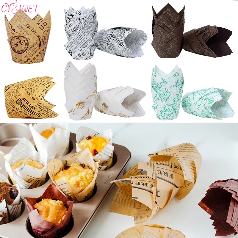 50ks tulipány muffin cupcake papierové šálky pre svadobnú hostinu Caissettes noviny v štýle košíčkového papiera