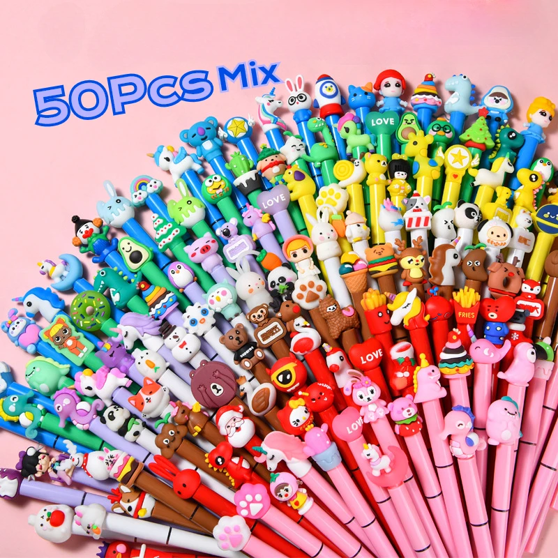 50ks/veľa roztomilých karikatúrnych gélových perá Čierny atrament ihla Rovná tekutina Písanie Ballpoint Pen Kawaii Kancelária Kancelária Kancelária