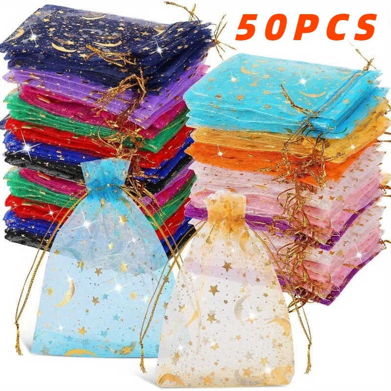 50ks White Moon Stars Replace Organza Bags Darčekové tašky Darčekové vrecká Gold Star Organza Earllise Vrecká na vianočné svadby