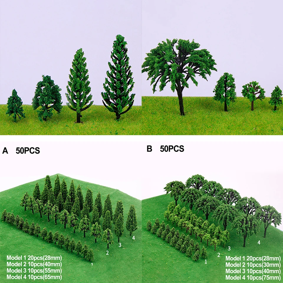 50ks zelené modely stromy plastové miniatúrne stromy Model Train Building Building Wargame Wargame scenéria krajina stupnice záhradná dekorácia