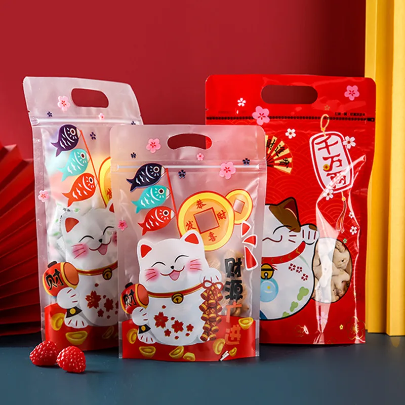 50ks čínsky Nový rok Lucky Cat Snow Crisp Nougat Self Zipper Bag Cookie Cookie Snacks Balenie
