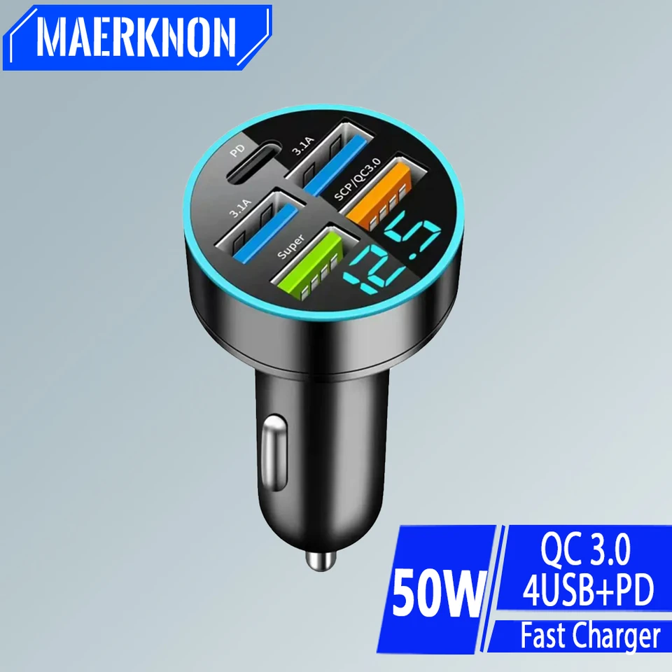 50W nabíjačka automobilu 5 portov PD USB nabíjačka digitálny displejový telefón rýchly nabíjací nabíjací adaptér pre iPhone Xiaomi Huawei Samsung