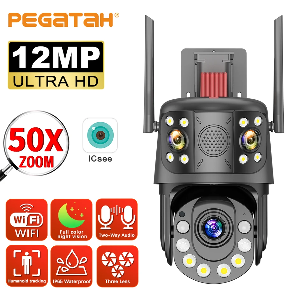50x 12MP WiFi IP fotoaparát 3-šošovky PTZ WiFi Sledovacia kamera Outdoor Wireless Security Cam Automatické sledovanie CCTV Camera de Segurança