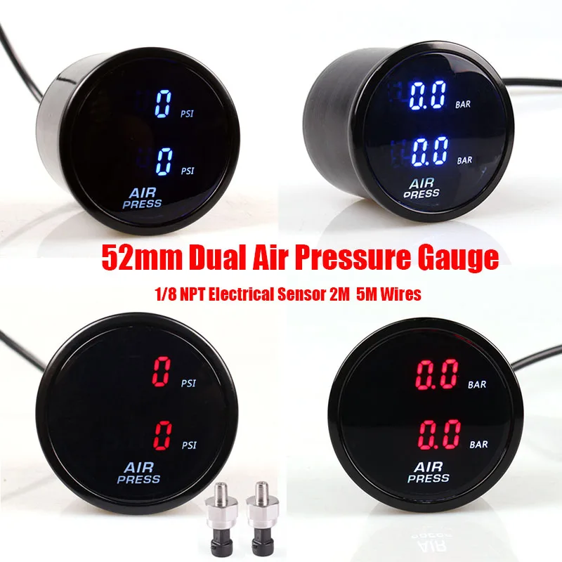 52 mm dvojité vzduchové meradlo vzduchového zavesenia vzduchového merača vzduchu s červenou/modrou LED diódou 2ks 1/8 npt elektrický snímač pre používanie vozidla