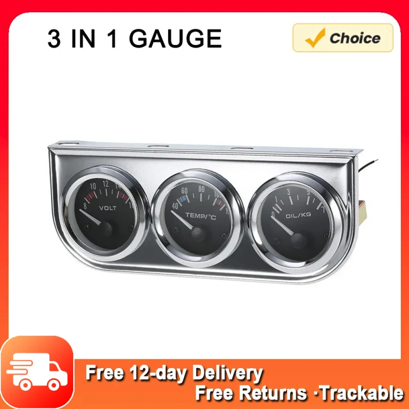 52 mm tlak oleja Fahrenheit teplota vody Voltmeter chróm 3 v 1 meraní súprava automobilu