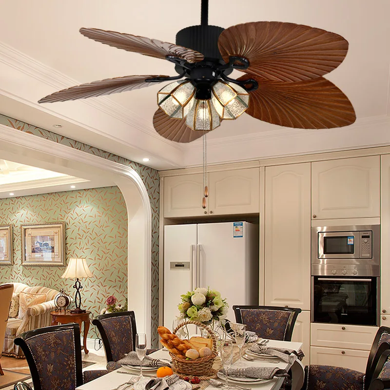 52-palcové tropické stropné ventilátory s diaľkovým ovládaním palmových listov ventilátor 5 Ručne vyrezávané čepele s drevenými listami 3 Stropné ventilátory E26