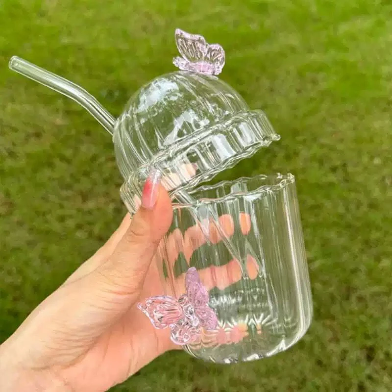 520 ml ružové motýľ ľadové kávové sklenené šálky s vekami slamky Roztomilé darčeky pre ženy Dievča