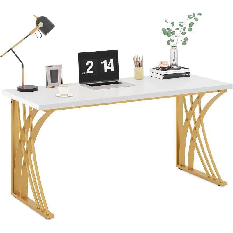 55 '' Veľký moderný počítačový stôl, biely a zlatý študentský pracovný stôl pre laptop, márnosť s hrubým rámom a robustnými nohami