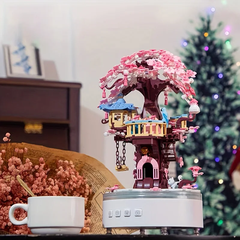 572ks Treehouse Music Box Building Block Hračky, DIY Prajem čerešňových kvetov budov Block Block Sety, dekorácie domáceho stola, sui