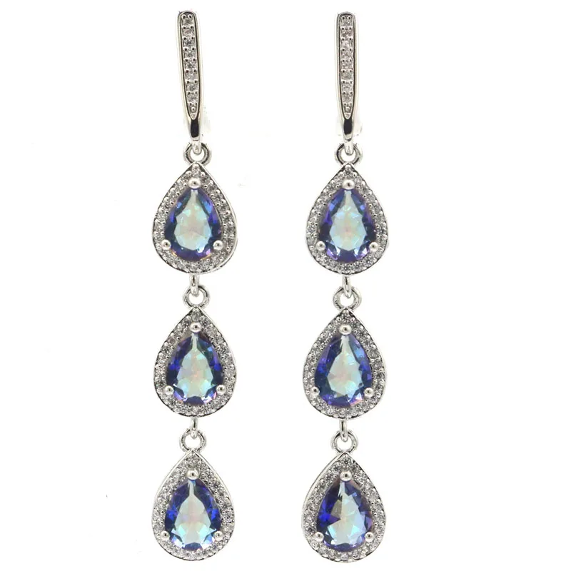 57x9 mm európsky dizajn Fire Rainbow Mystic Topaz White Cz Ženské svadobné strieborné náušnice