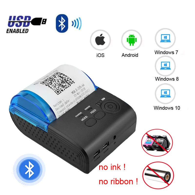 58 mm mini tepelná POS príjemca tlačiareň Bill Machine Bluetooth Handheld Prenosná obchodná tlačiareň pre iOS Android Zjiang 5805