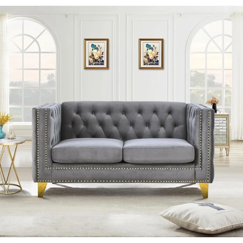 58-palcová zamatová pohovka Loveseat, pohodlná pohovka pre obývaciu izbu, moderná pohovka s všívanou chrbtom a nitou dekoráciu, čalúnené malé