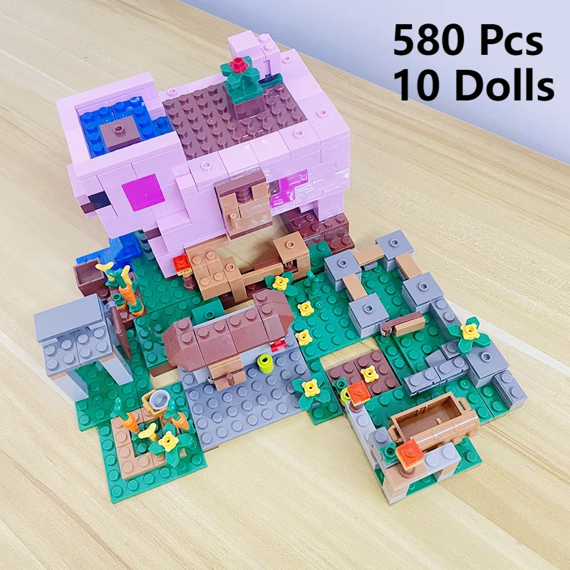 580+ ks 2-in-1 Farm Village Pig House Model Building Blocks Hračky vianočné narodeniny darček