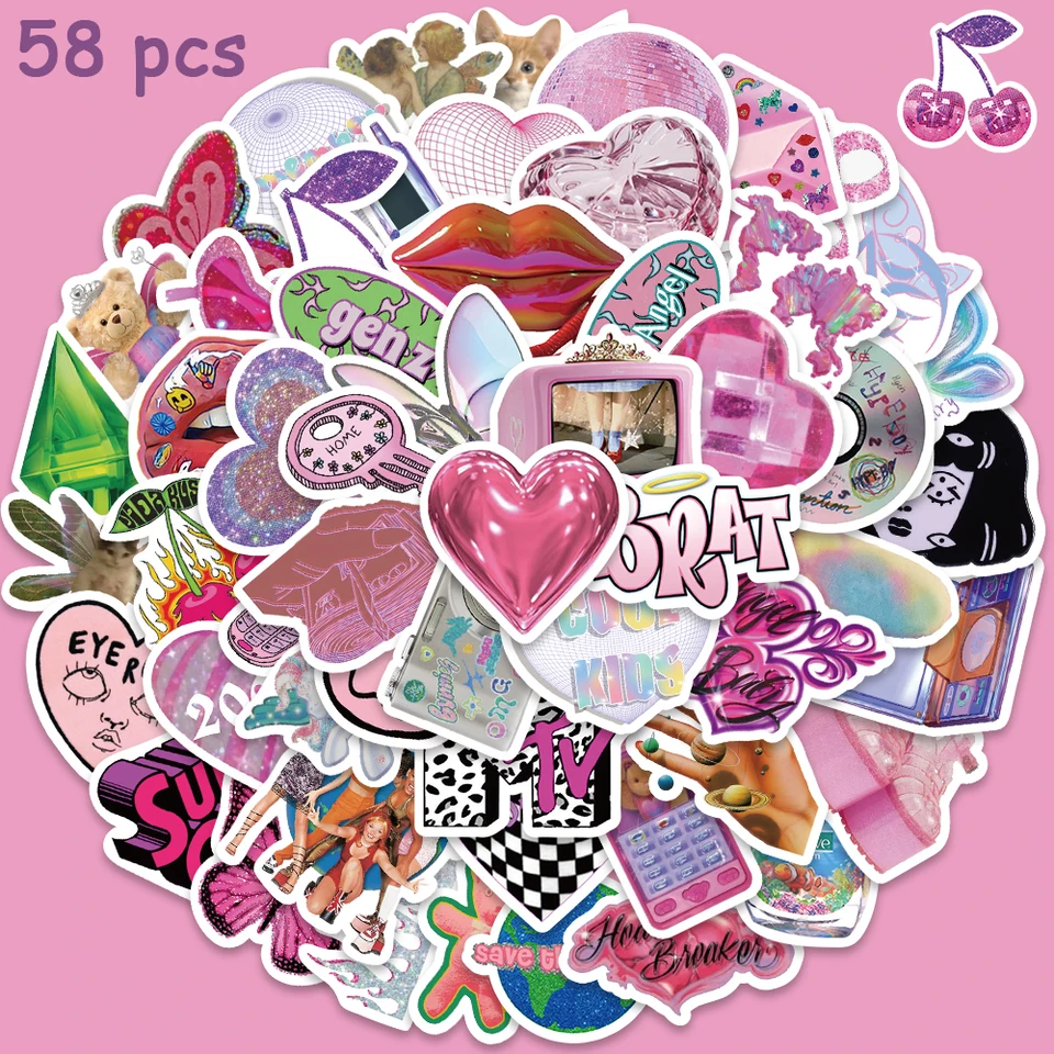 58ks Y2K Style Vaporwave Stickers Cute Kawaii Decals for Girls Supancast Scrapbook Notebook Telefón Guitarry Guitar Hračky pre deti