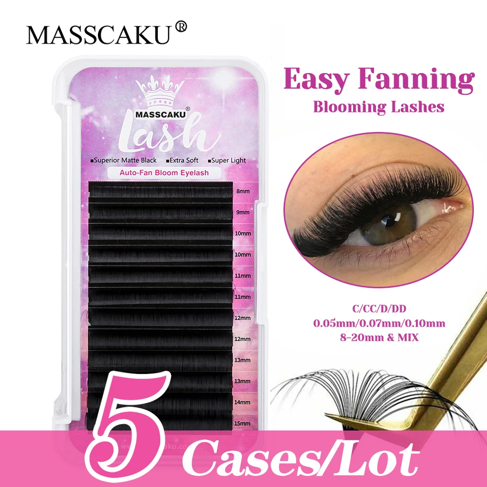 5CAS/LOT 8-17 mm a zmiešajte dĺžku Premium Velvet Fiber Self Blooming Lashes Matte Black Ribbon Easy Fanning Ripy od Masscaku