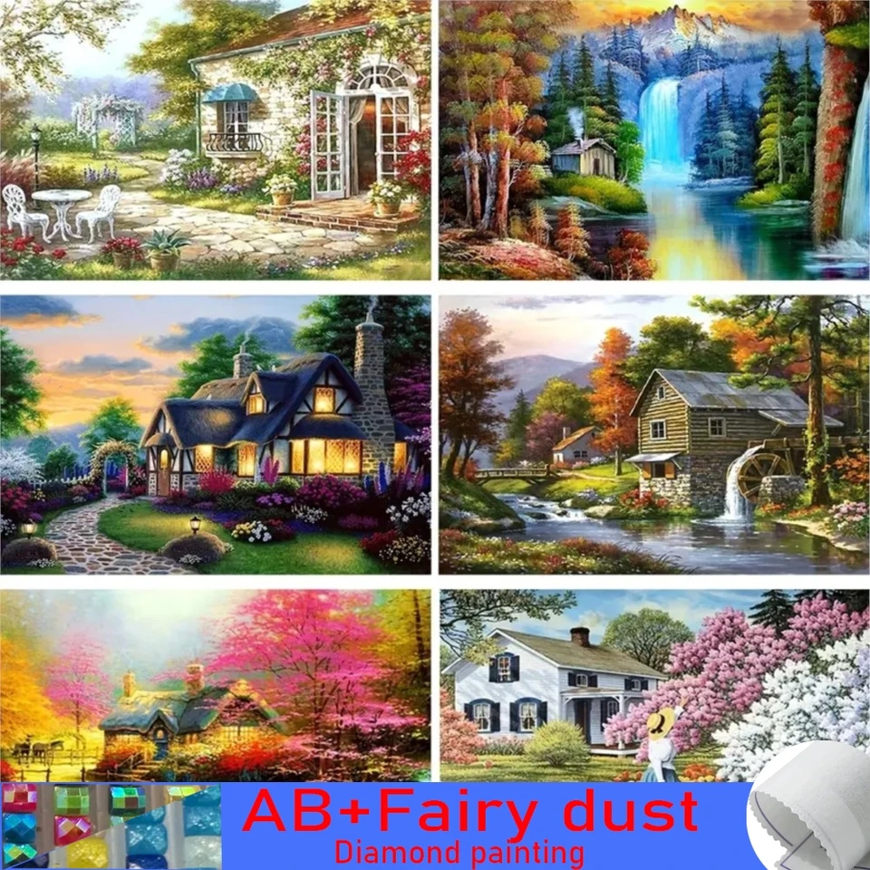 5D DIY 120 Farby ab rozprávkovú prachovú diamantovú maľbu Krajina obrázky Mountains Lake Forest Hut Fotografie Handwork Mosaic kvet