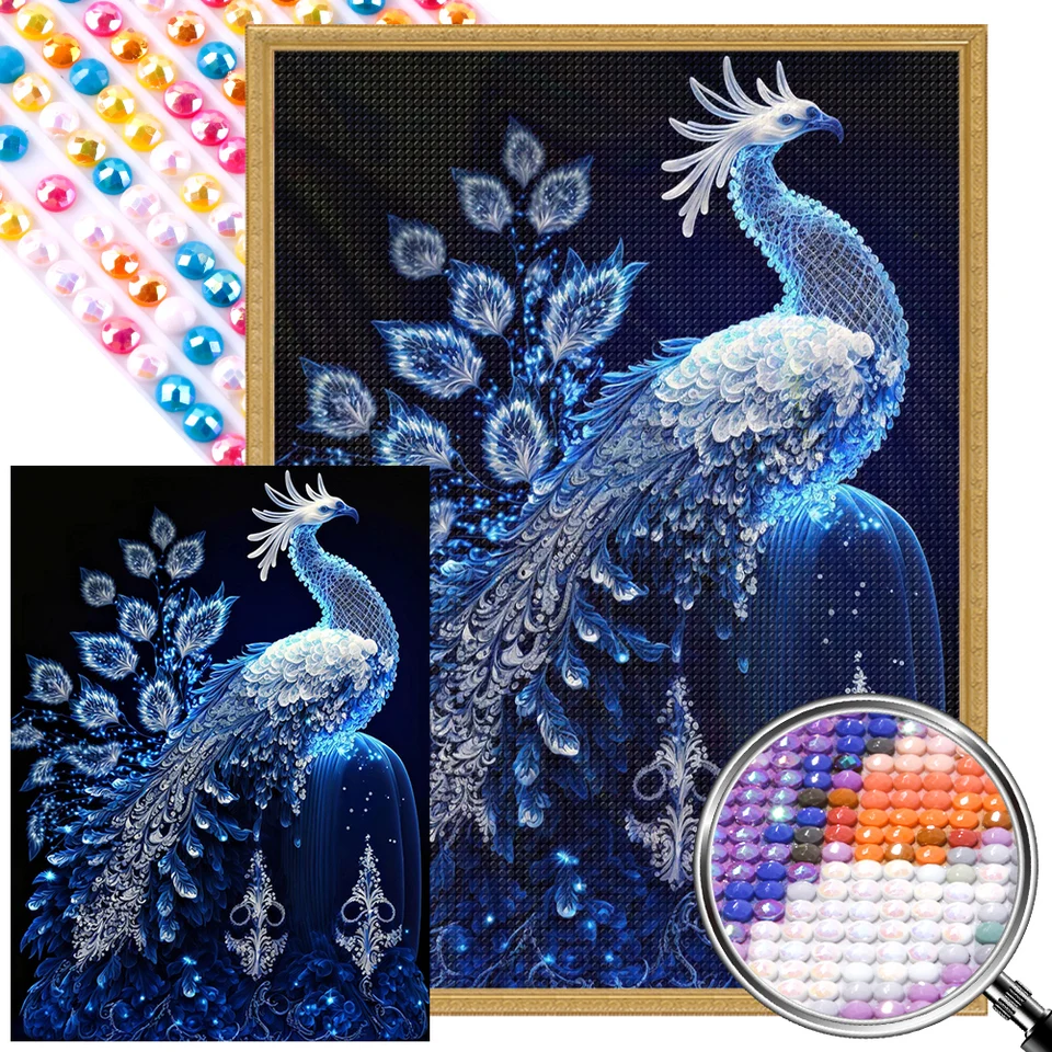 5D DIY Full Round Rovr. Čiastočné AB Diamond Painting Blue Crystal Peacock 45x60cm