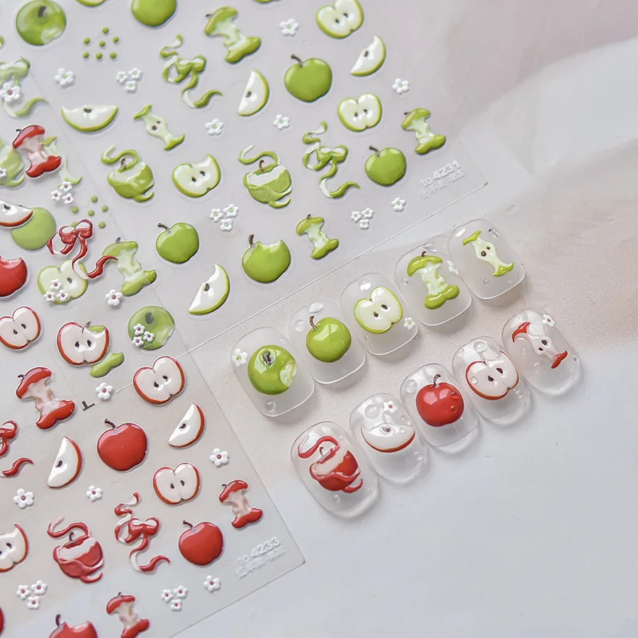 5D Jelly Nail Sticke Vysoko kvalitné vynikajúce zelené a červené jablko dizajn na nechty Nálepka letných ovocných nechtov